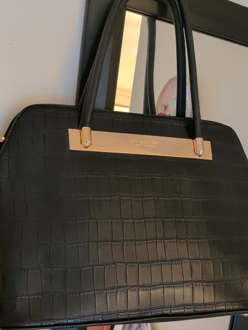 David Jones Paris Black Croc-Embossed Satchel/ Shoulder Bag with Gold Bar Detail